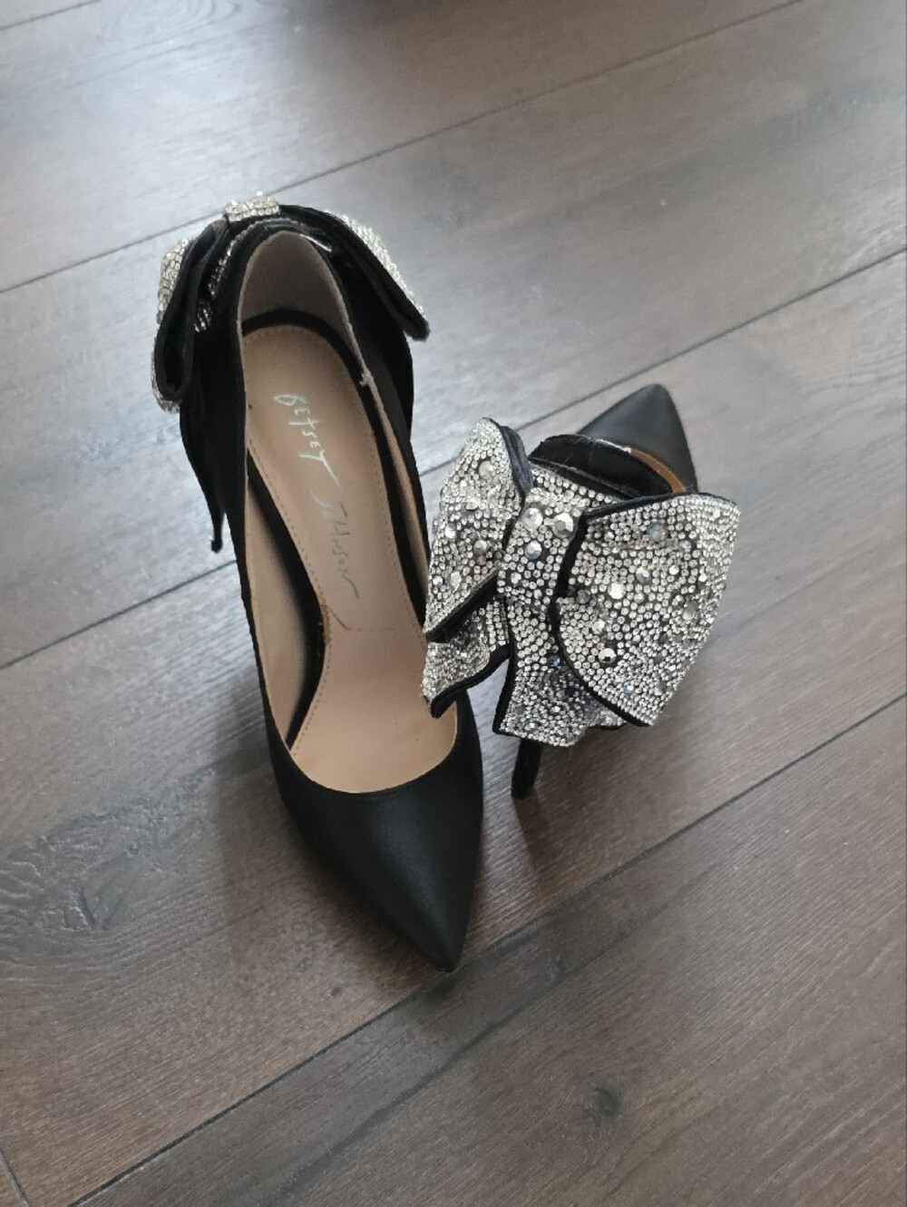 Betsey Johnson Black Satin Pointed Toe Pumps with Crystal Bow